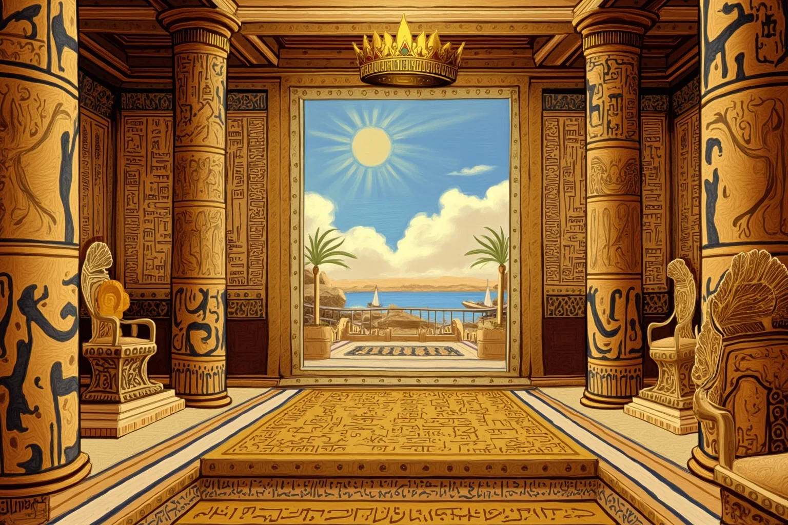 Ancient Egyptian queen's throne room with hieroglyphic walls, a golden crown and a Mediterranean harbor view, painterly illustration