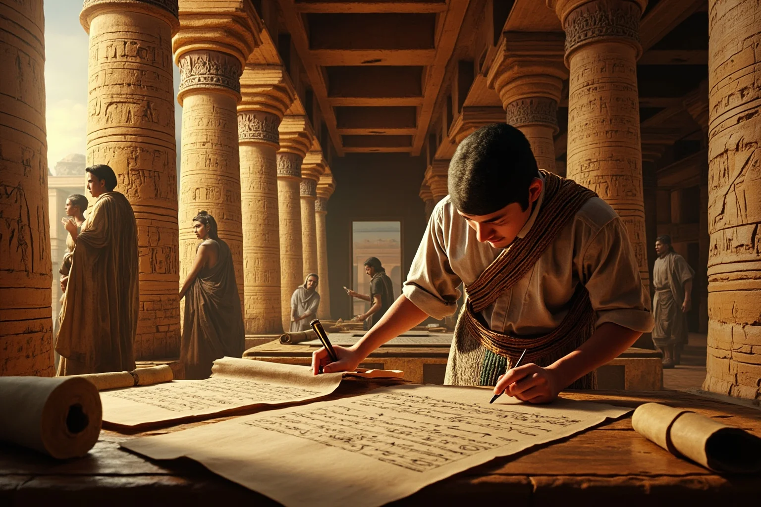 The History Behind the World's Oldest Library 5 Ancient Egyptian temple scriptorium with papyrus scrolls and scribes writing, hieroglyphs on walls, photorealistic.