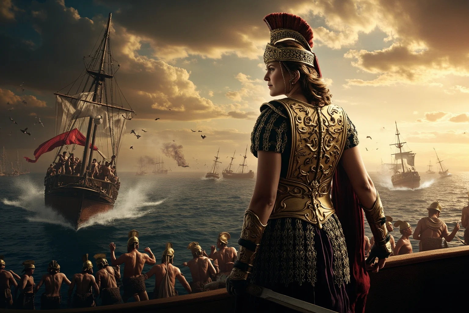 Ancient Greek naval battle scene with a female commander standing on the deck of a warship, bronze armor, dramatic Mediterranean sky
