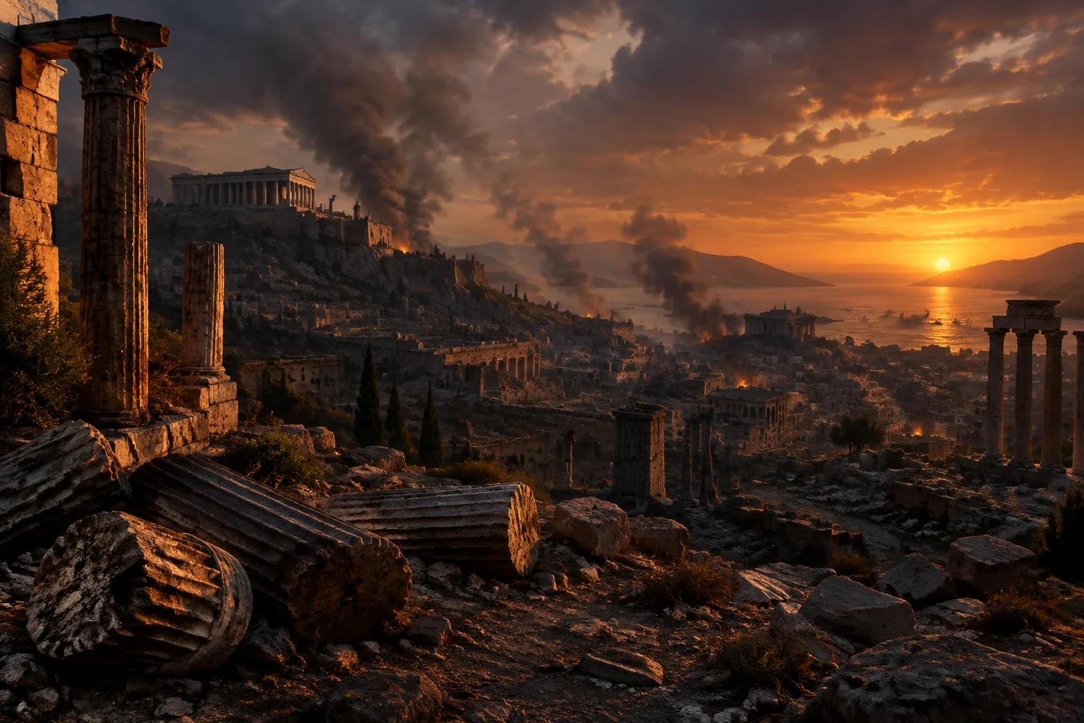 The Single Worst Time Period in Human History? What the Evidence Actually Shows 4 Ancient Late Bronze Age city in ruins at dusk, fallen pillars and smoke, Mediterranean landscape, dramatic lighting.