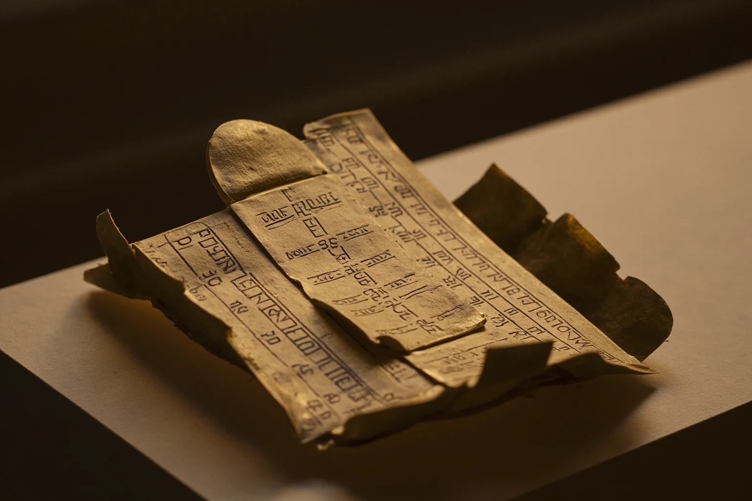 23 Ancient Graffiti Messages That Sound Shockingly Modern 20 Ancient lead binding spell inscribed with Greek letters, pierced and folded, museum vitrine lighting, no people.