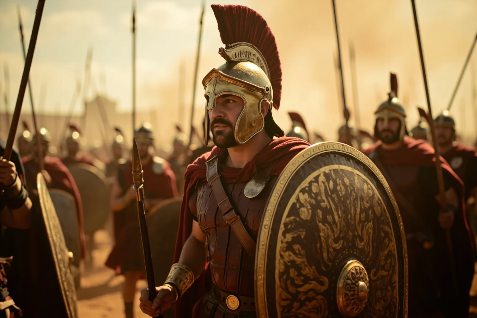 Ancient Macedonian phalanx with long spears and cavalry in the distance, dramatic dusty battlefield, wide cinematic shot