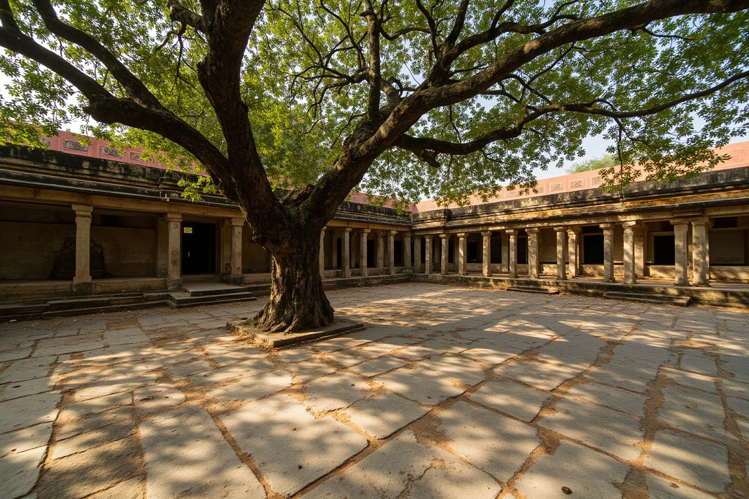Ancient Mauryan Indian palace with Ashoka pillars and Buddhist symbols under a banyan tree