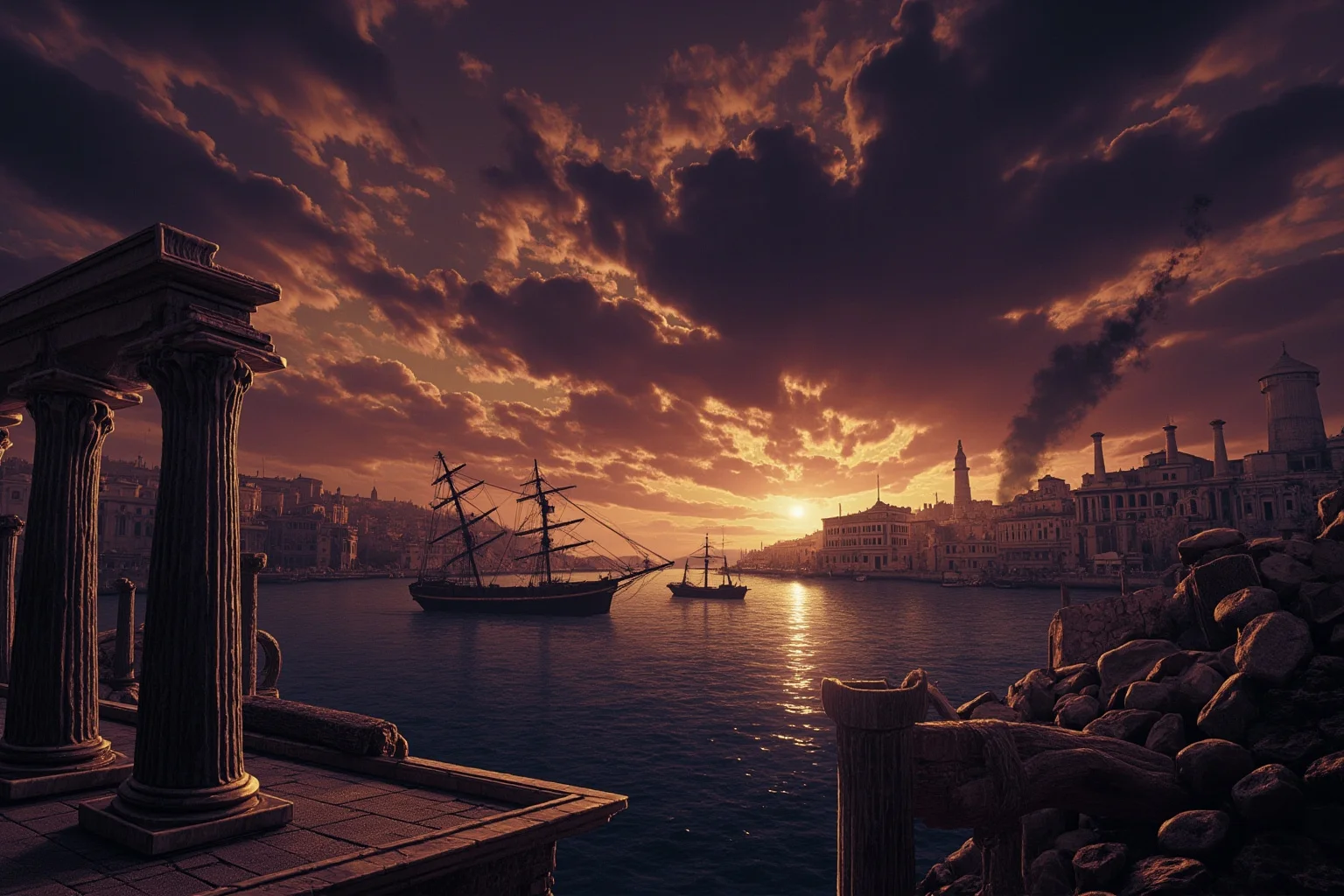 Most Peaceful Periods In History: The 10 Most Chaotic Eras That Broke The Calm 5 Ancient Mediterranean port city in twilight smoke, toppled columns and abandoned ships, dramatic storm clouds over a collapsing trade network, somber historical illustration style