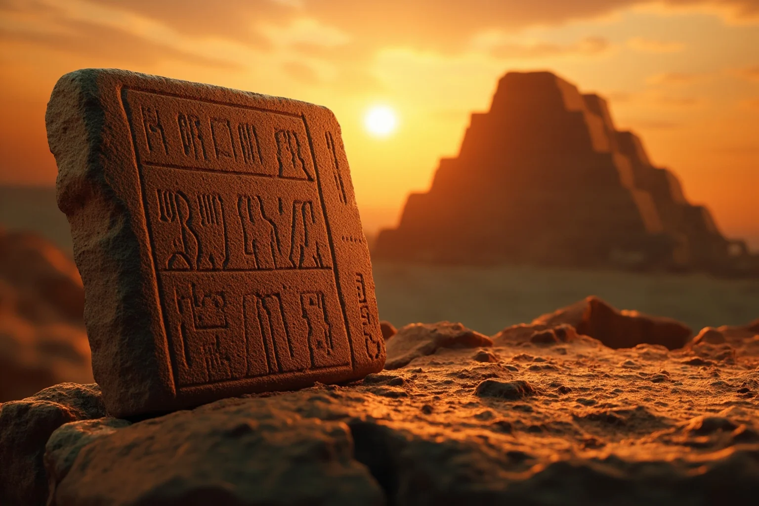 Ancient Mesopotamian clay tablet with cuneiform prophecy text beside a fallen Babylonian ziggurat at dusk, warm amber tones
