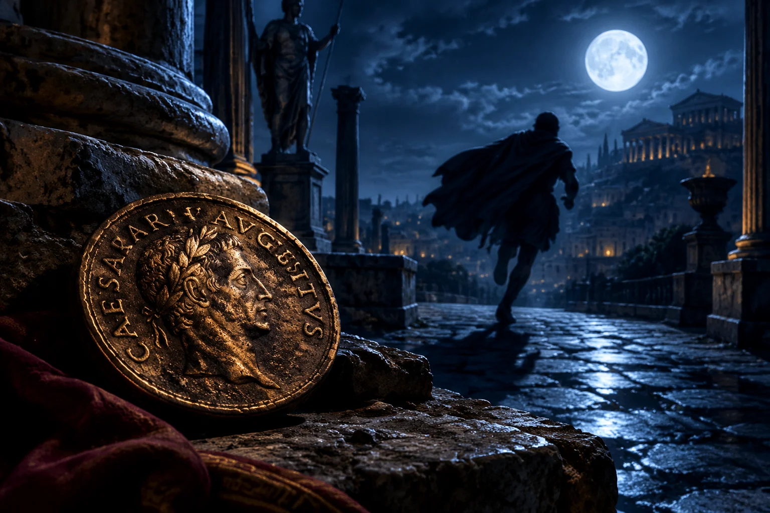 Ancient Roman coin and a shadowy figure fleeing by moonlight, classical setting, no photorealistic real person