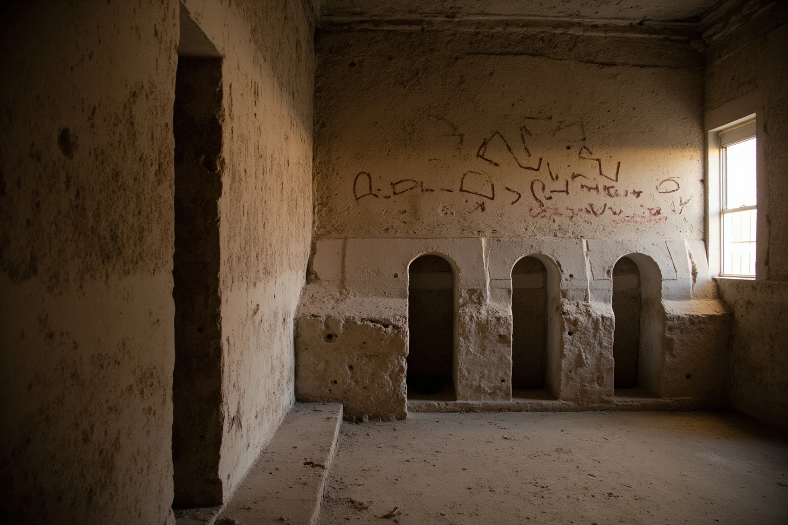 23 Ancient Graffiti Messages That Sound Shockingly Modern 11 Ancient Roman latrine interior with graffiti scratched into plaster, faint shafts of daylight, slightly comic tone, no people.