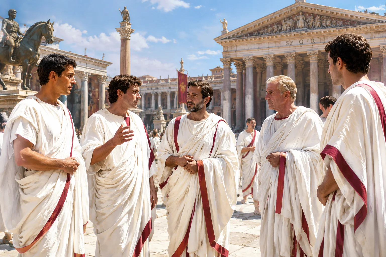 Ancient Roman men in bright white togas standing in a forum, sunlight, classical historical illustration.