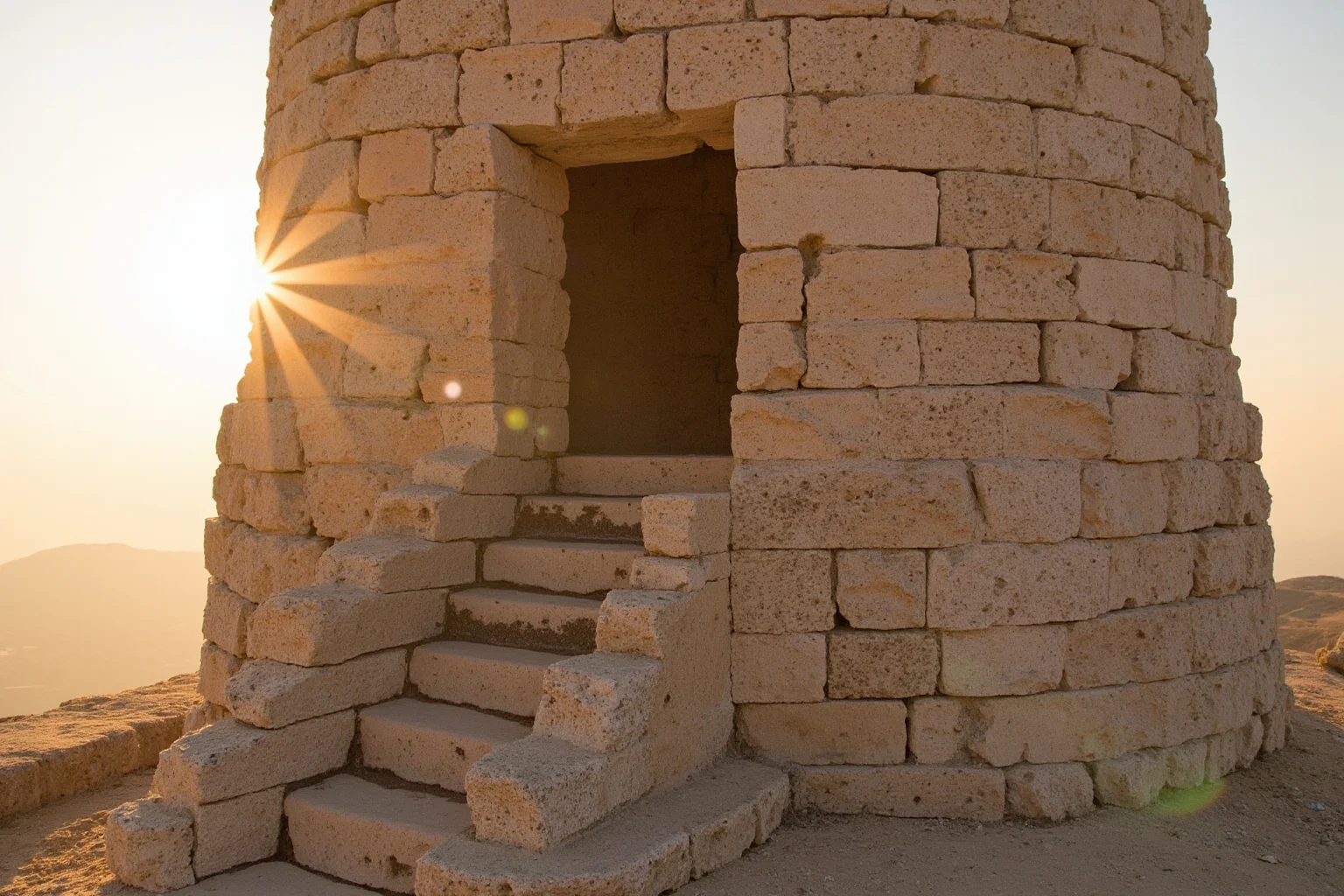 22 Oldest Monuments Found Around the World 3 Ancient stone tower of Jericho with internal staircase, set against a desert landscape at golden hour