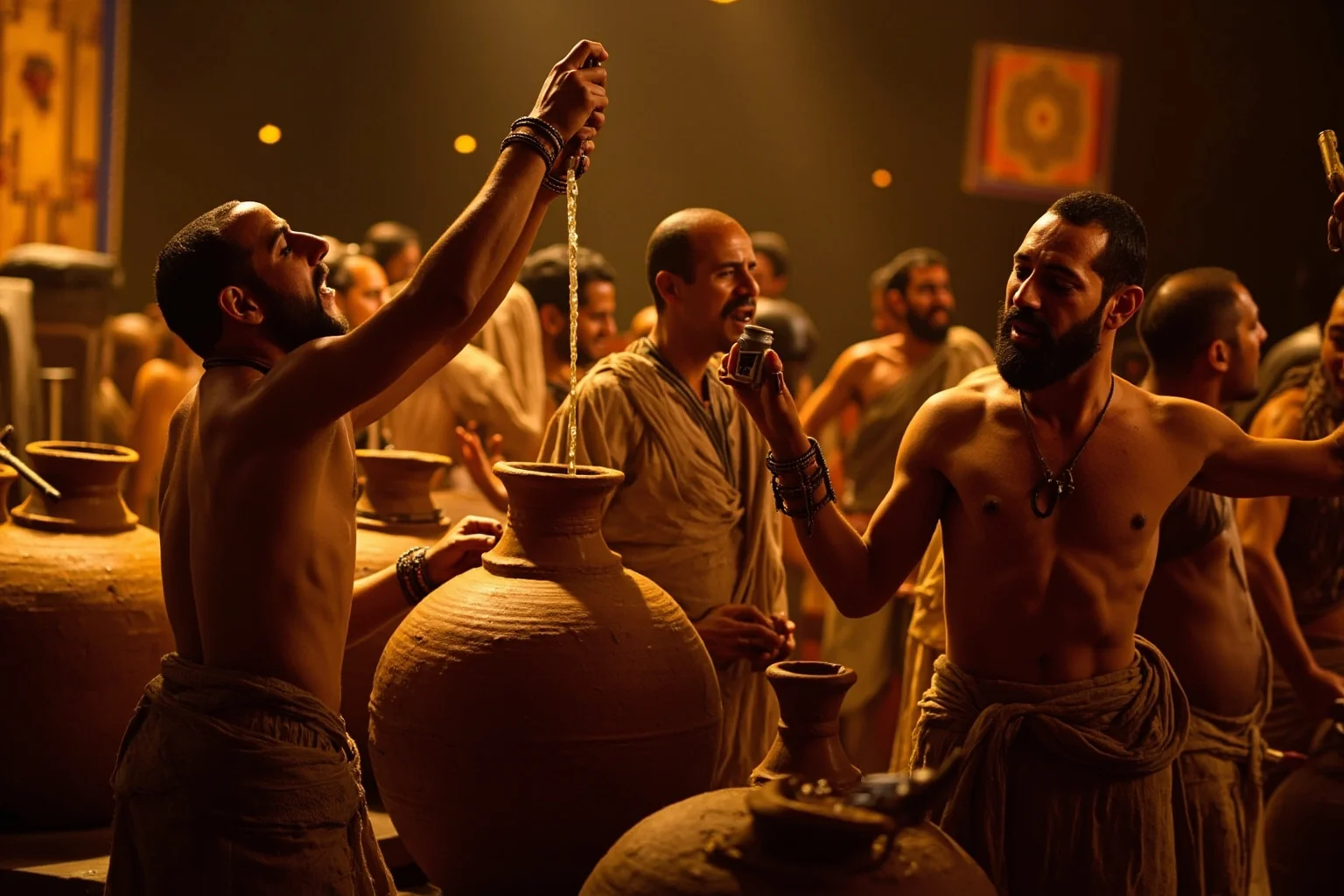 Ancient Sumerian brewers pouring beer from large clay jars with straws, warm lighting