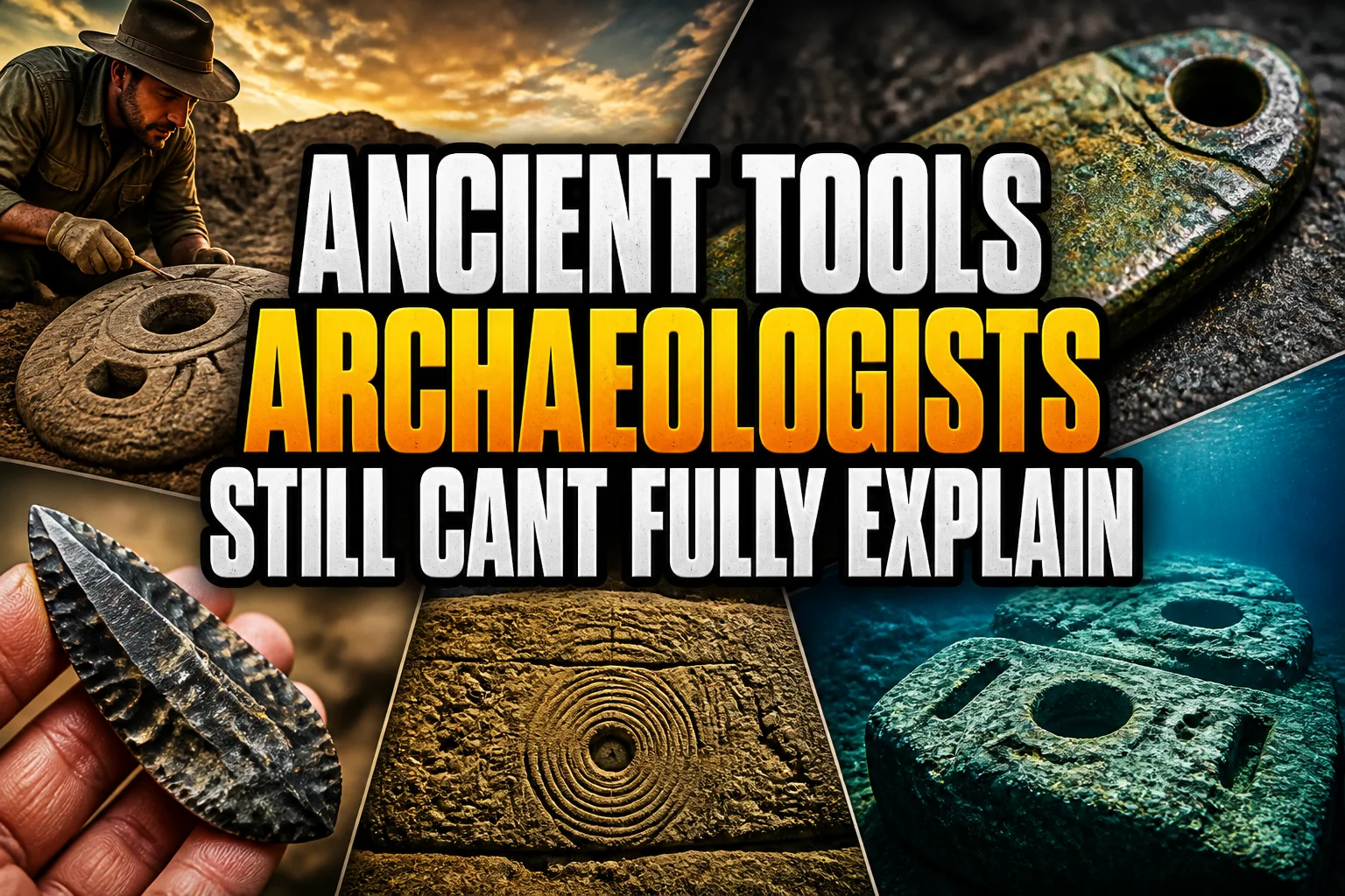 A bold, high-impact blog featured image in the style of a professional YouTube thumbnail or documentary poster. Create a dramatic photo-collage montage of 3-5 distinct historical scenes, subjects, or artifacts directly relevant to "Ancient Tools Archaeologists Still Can't Fully Explain" — vivid, cinematic documentary-photography style, rich color grading, high contrast, dynamic diagonal composition blending the scenes together. Overlay a large, bold, stacked headline of text on top reading exactly: "ANCIENT TOOLS ARCHAEOLOGISTS STILL CANT FULLY EXPLAIN". Render the headline in a heavy, condensed, high-contrast font with a black outline/stroke for legibility, mixing white text with a single vibrant accent color (gold, red, or orange) on the most important word or phrase for emphasis, spelled correctly. The headline text must be the dominant visual element — large, bold, and easy to read even at small thumbnail size. Vibrant, punchy, professional commercial photography and graphic-design composition. 16:9 landscape. Keep the headline text within the vertical center safe zone, away from the very top and bottom edges of the frame, since the image may be cropped afterward. No watermarks, no logos, no extra captions or invented text beyond the headline itself.