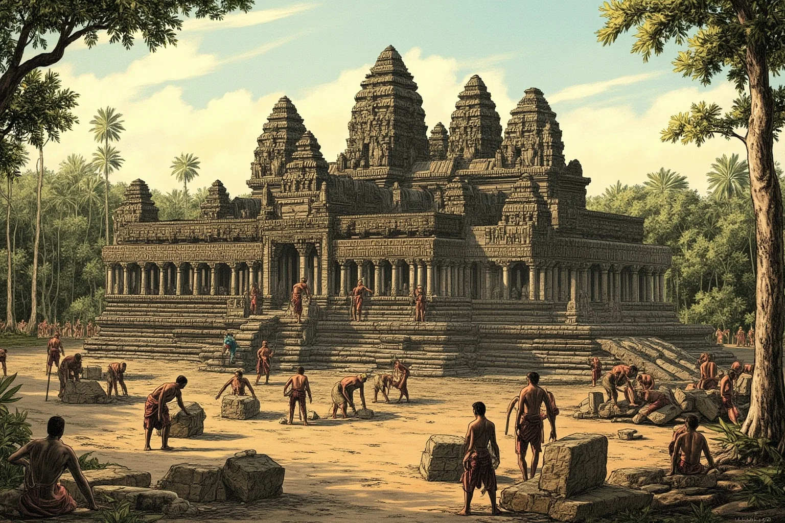 Why Monumental Architecture Usually Comes With a Brutal Human Cost 5 Angkor Wat temple in Cambodia under construction, with workers carving and transporting sandstone blocks, lush jungle surroundings, ancient Khmer laborers, realistic historical illustration.