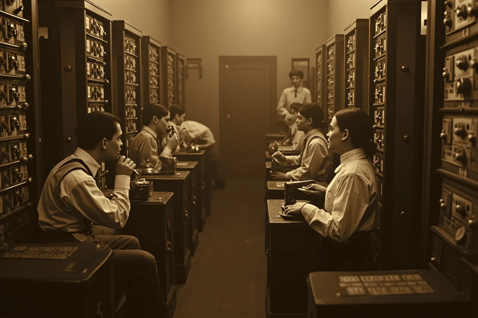Things Americans Did First Before Any Other Country 10 Antique 1870s telephone exchange office with operators at a switchboard, rendered in warm sepia tones.