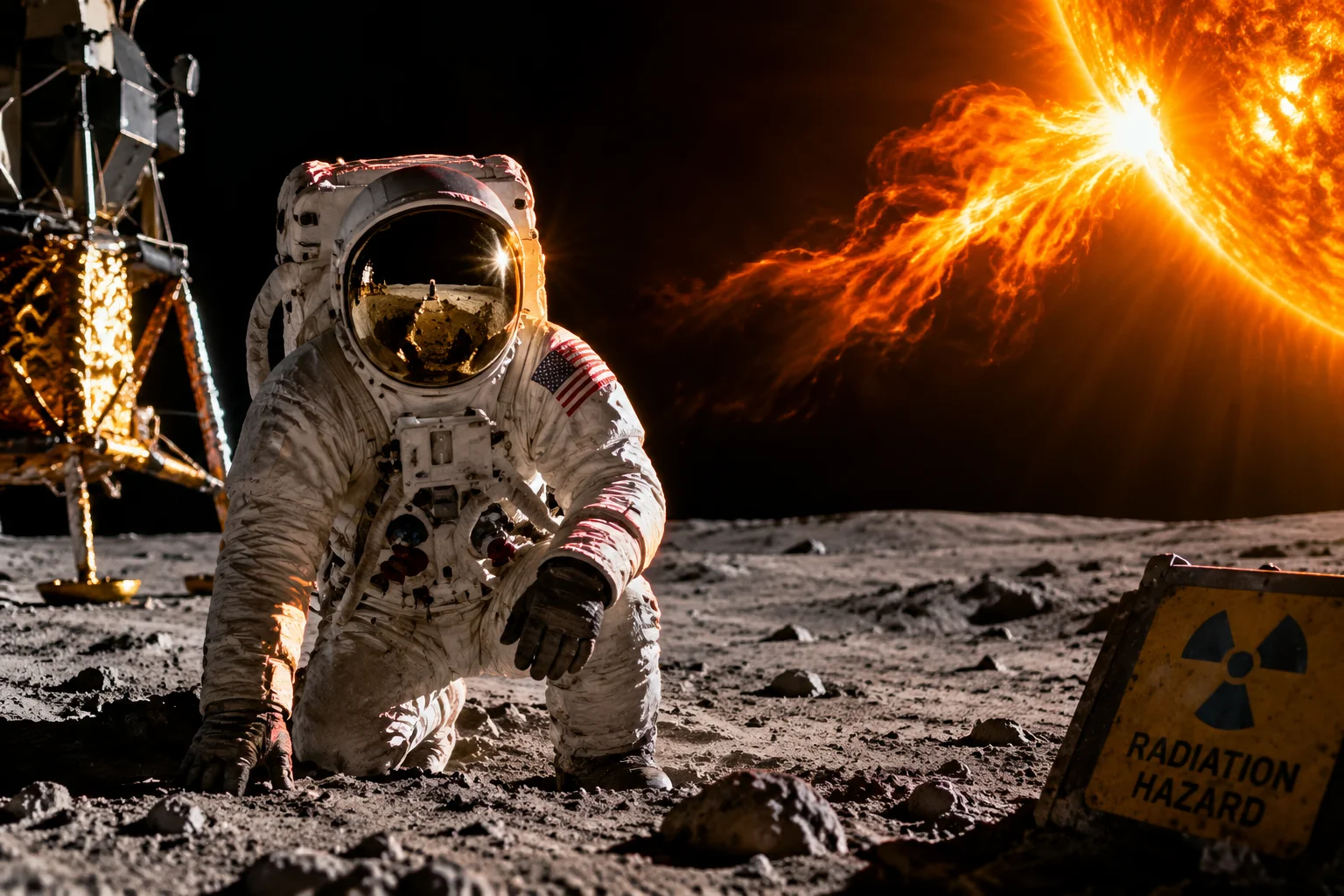 Apollo-era astronaut on lunar surface with solar flare visible in the black sky, radiation warning mood