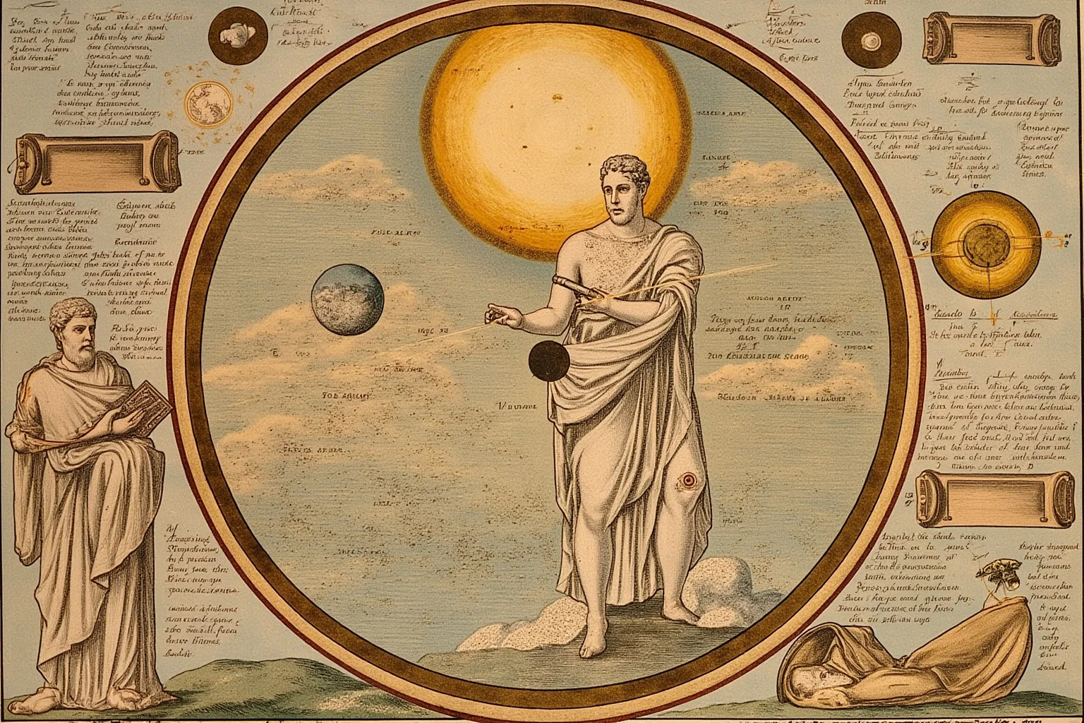 Aristarchus of Samos teaching a Sun-centered cosmos with Earth orbiting the Sun, ancient Greek observatory, scrolls and armillary sphere, no recognizable face.