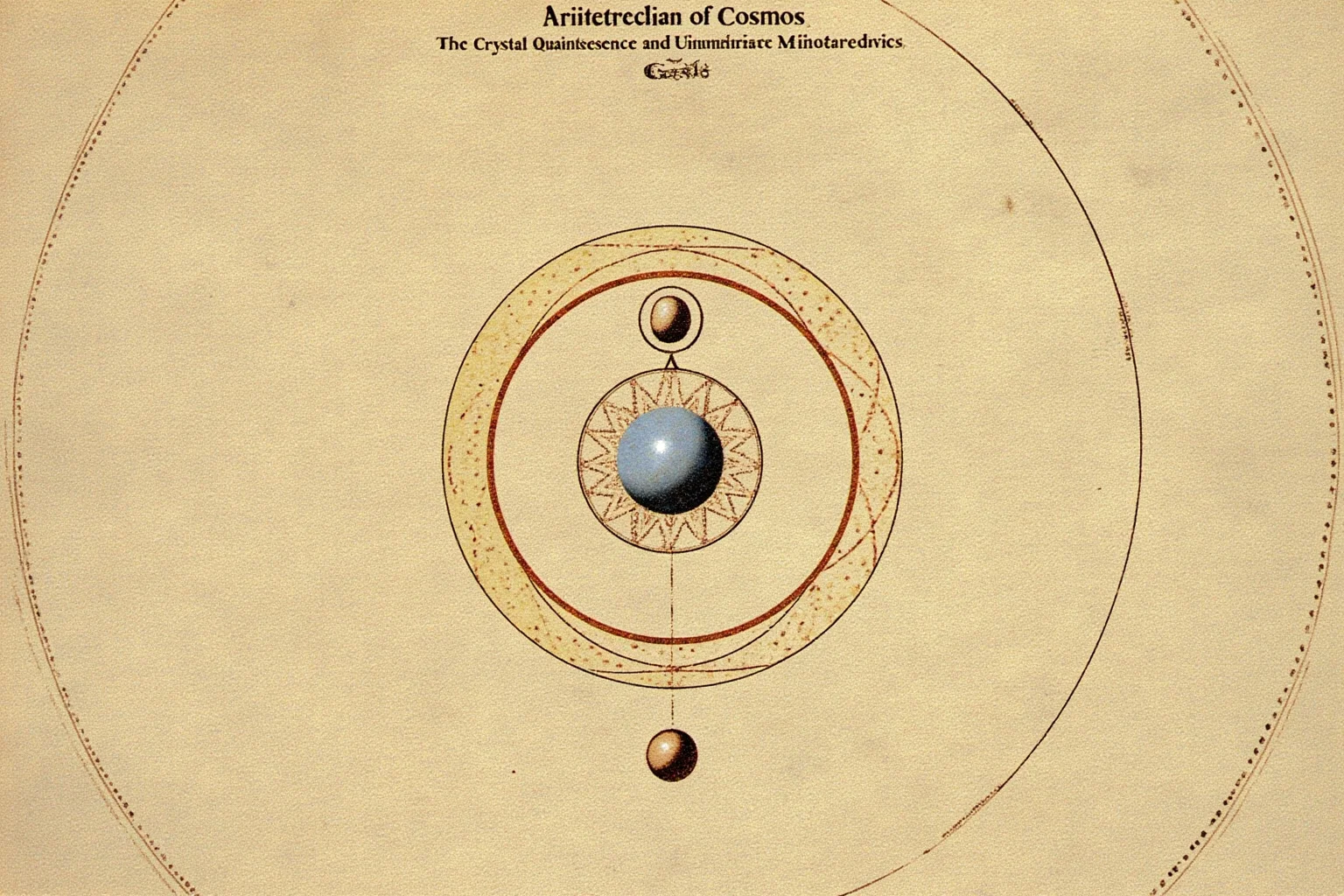 Aristotelian cosmos with nested crystalline spheres, Earth at center, quintessence and unmoved mover, medieval manuscript style, no text.