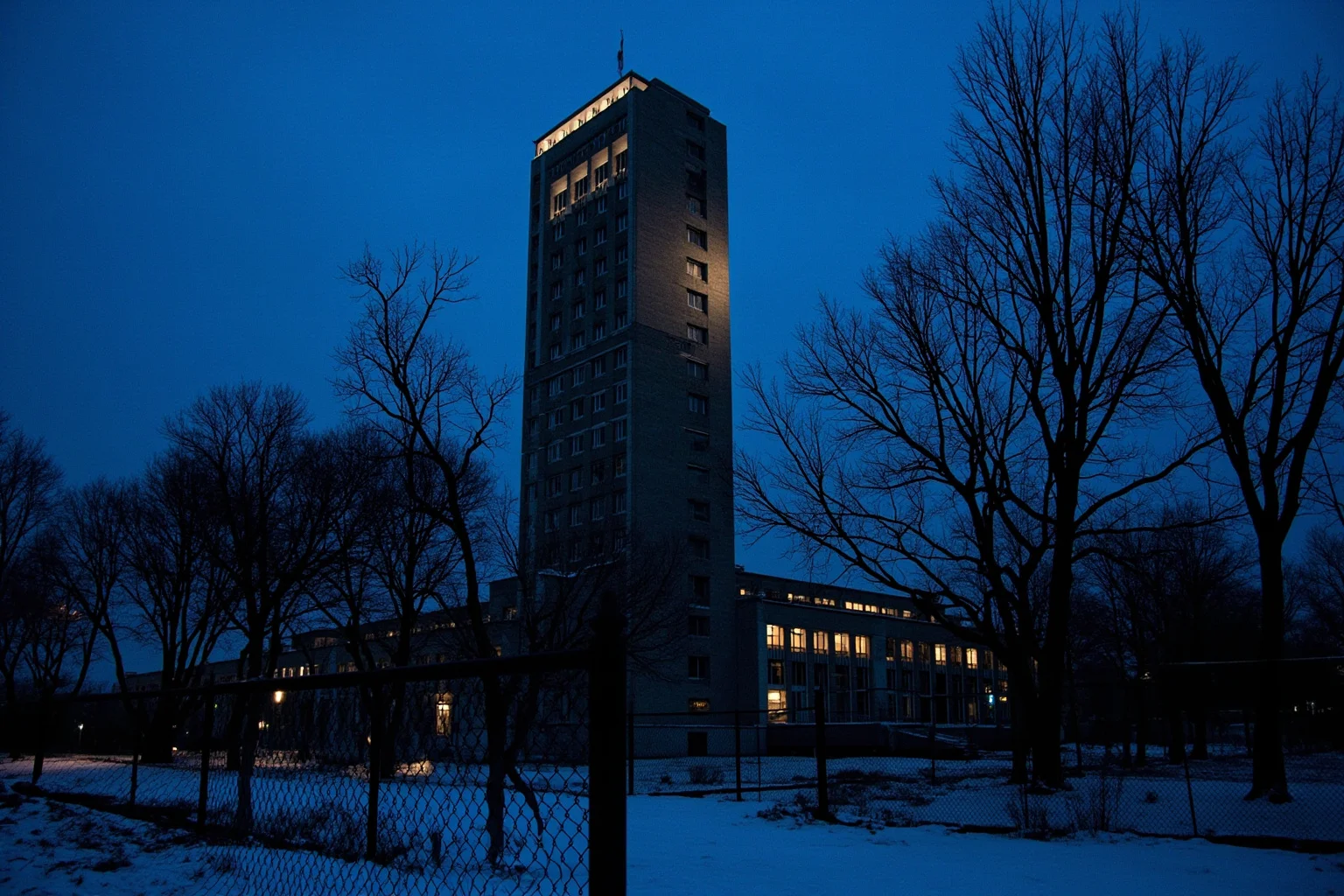 Art deco era psychiatric hospital tower rising above bare winter trees, fenced grounds, cold blue hour lighting, no people, photorealistic.