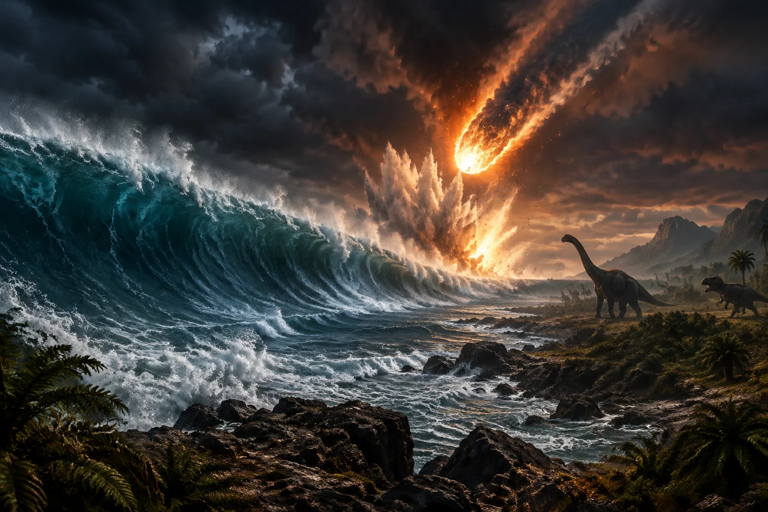 Asteroid impact off prehistoric coastline with towering tsunami and darkening sky, dinosaurs in distance