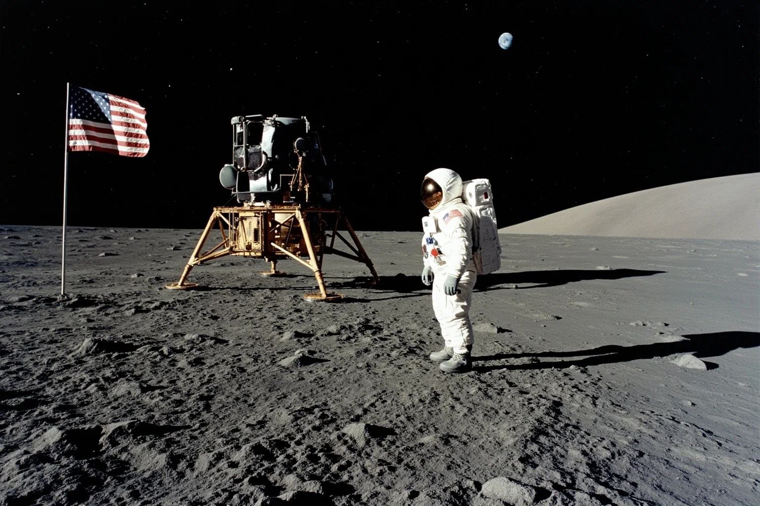 Things Americans Did First Before Any Other Country 5 Astronaut in a vintage Apollo spacesuit standing on the lunar surface beside a flag and lander, Earth visible in the black sky.
