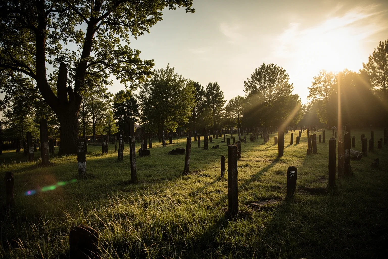 Asylum cemetery with small numbered stone markers under tall grass, low sun, no people, respectful photorealistic documentary style.