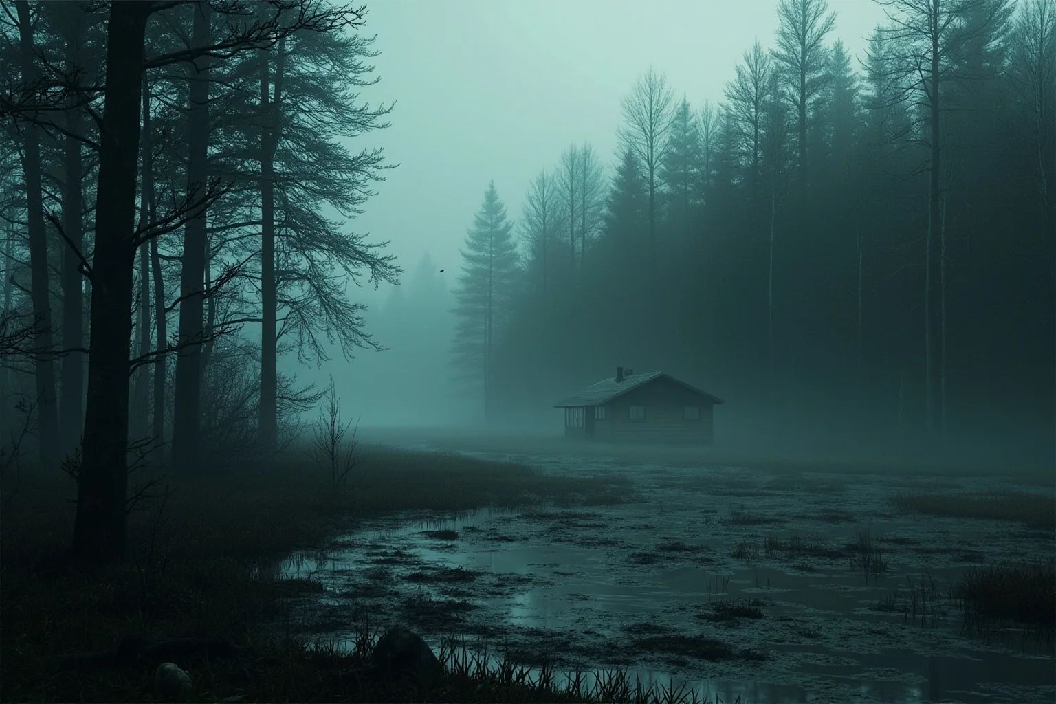 Atmospheric illustration of a hunting lodge in a vast misty marshland forest in eastern Poland, with wild boar tracks in the mud
