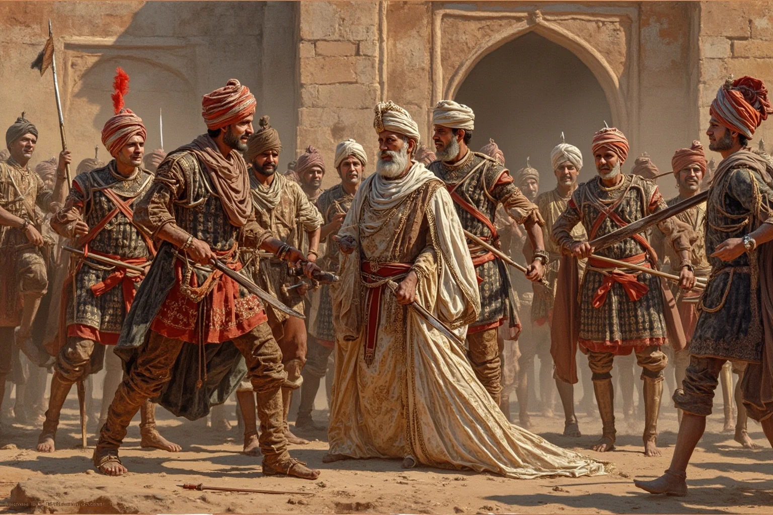 Aurangzeb's soldiers arresting an old emperor in Agra Fort