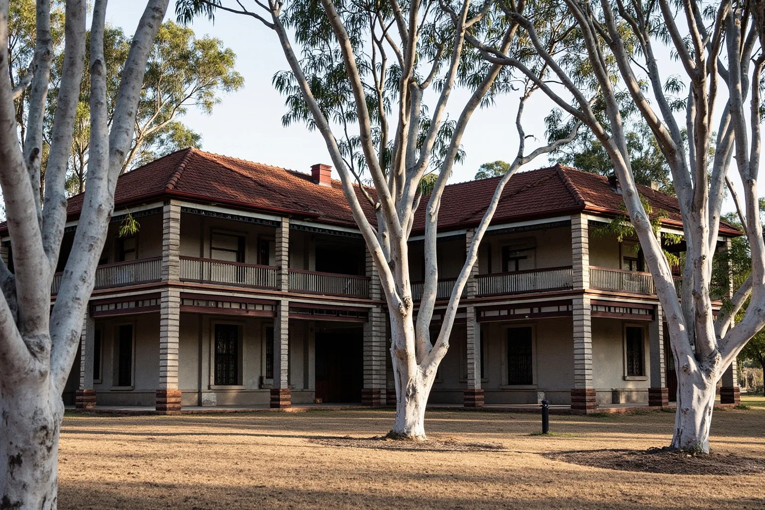 Australian bluestone asylum with wide verandas and iron railings, eucalyptus trees, dry grass, harsh daylight, no people, photorealistic.