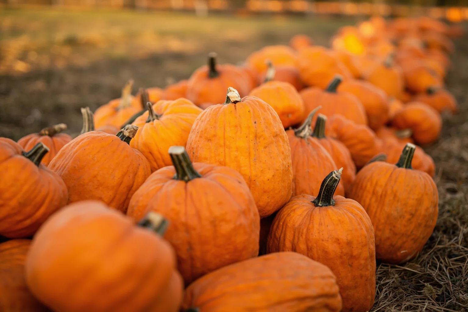 Autumn pumpkin patch with large orange pumpkins ready for carving, golden hour light, rustic farm setting, no text