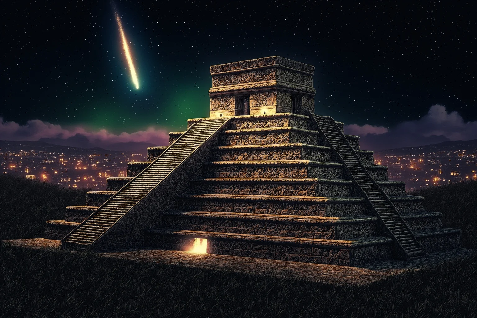 Aztec temple at night with an ominous glow over the city and a comet in the sky, pre-Columbian manuscript style