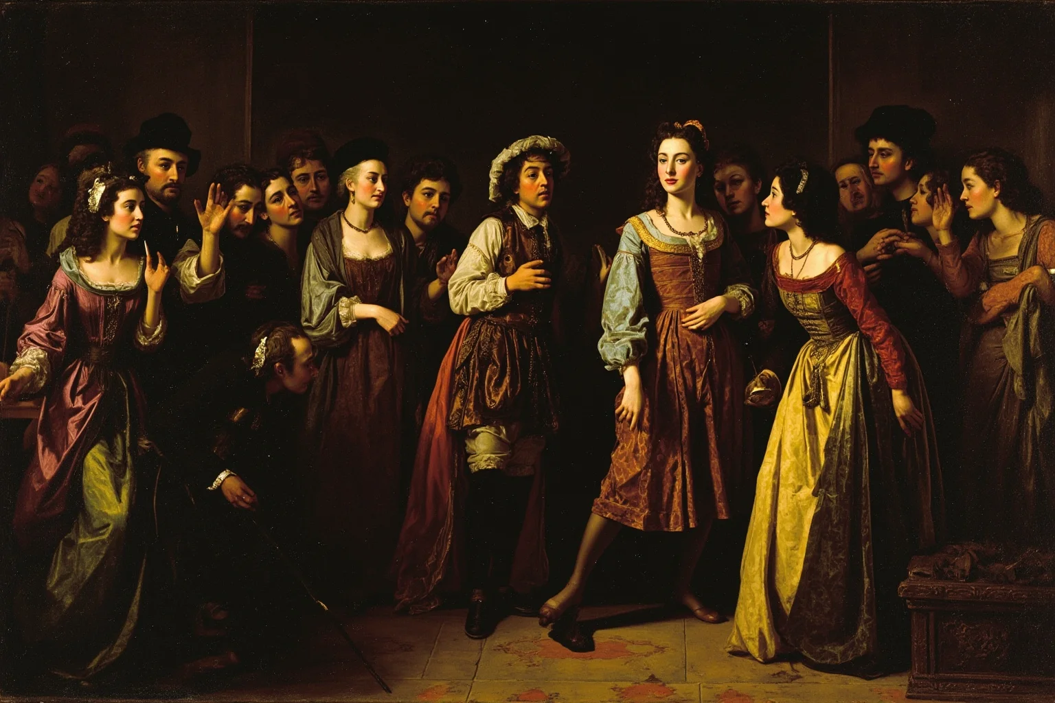 Backstage scene at a 1690s Paris opera, performers in costume whispering and gossiping about a confident singer in the center, painterly style