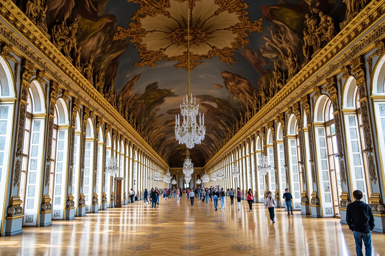 Baroque palace of Versailles Hall of Mirrors with golden decoration and a sun motif, illustrated, empty of recognisable people