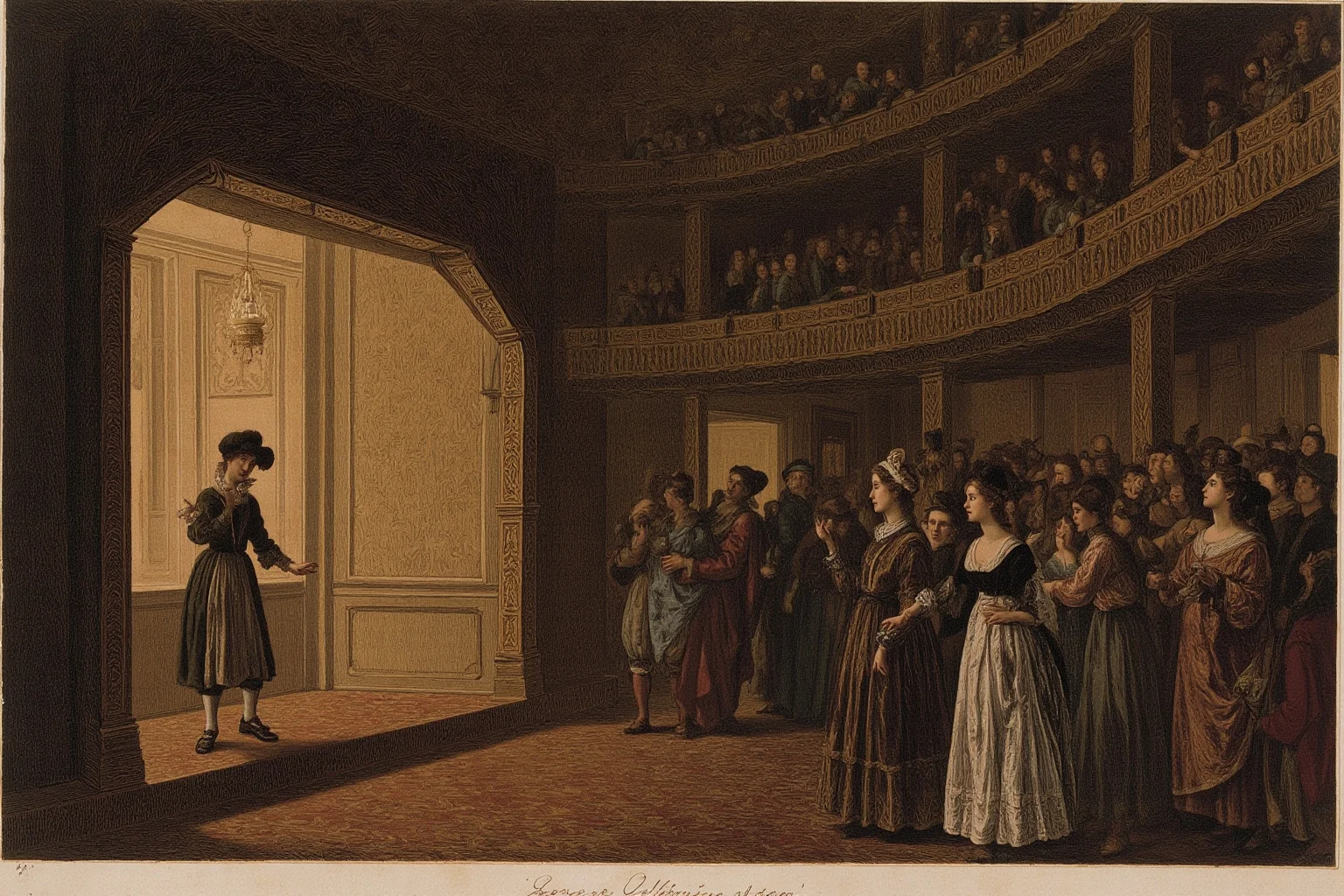 Baroque-style illustration of a young singer performing on a small provincial opera stage in Marseille, candlelit theater, audience in period dress