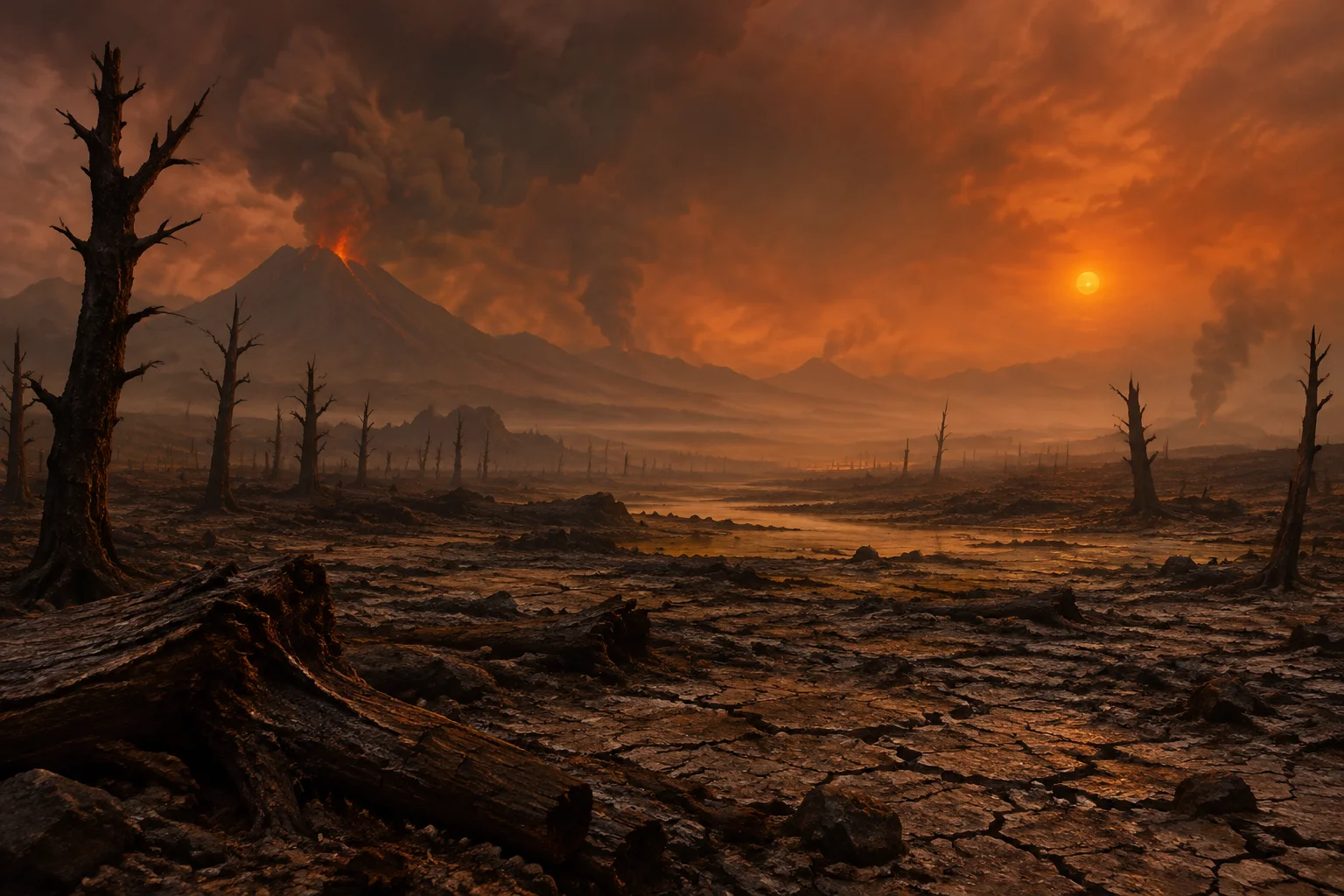 Barren Permian landscape with dead trees and volcanic haze, dim orange sun, mass extinction scene
