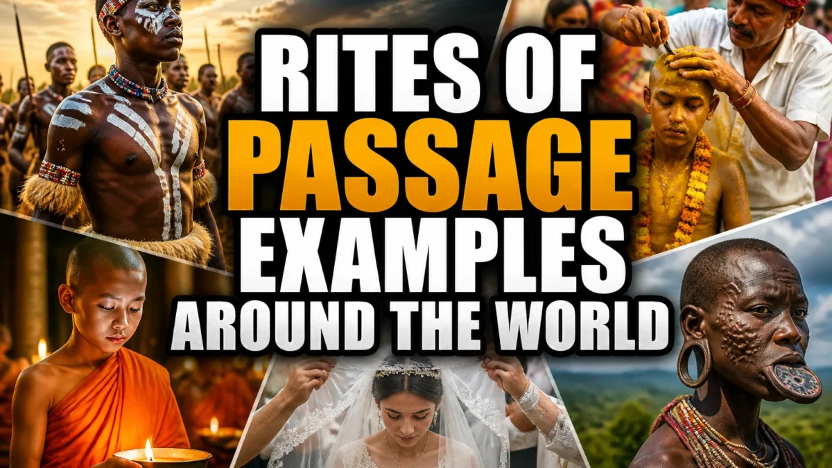 A bold, high-impact blog featured image in the style of a professional YouTube thumbnail or documentary poster. Create a dramatic photo-collage montage of 3-5 distinct historical scenes, subjects, or artifacts directly relevant to "Becoming an Adult: 20 Rites of Passage Performed Around the World" — vivid, cinematic documentary-photography style, rich color grading, high contrast, dynamic diagonal composition blending the scenes together. Overlay a large, bold, stacked headline of text on top reading exactly: "RITES OF PASSAGE EXAMPLES AROUND THE WORLD". Render the headline in a heavy, condensed, high-contrast font with a black outline/stroke for legibility, mixing white text with a single vibrant accent color (gold, red, or orange) on the most important word or phrase for emphasis, spelled correctly. The headline text must be the dominant visual element — large, bold, and easy to read even at small thumbnail size. Vibrant, punchy, professional commercial photography and graphic-design composition. 16:9 landscape. Keep the headline text within the vertical center safe zone, away from the very top and bottom edges of the frame, since the image may be cropped afterward. No watermarks, no logos, no extra captions or invented text beyond the headline itself.