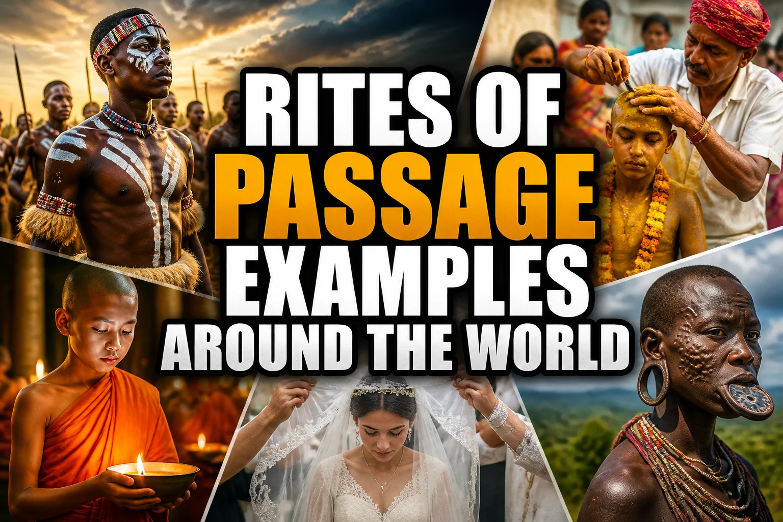A bold, high-impact blog featured image in the style of a professional YouTube thumbnail or documentary poster. Create a dramatic photo-collage montage of 3-5 distinct historical scenes, subjects, or artifacts directly relevant to "Becoming an Adult: 20 Rites of Passage Performed Around the World" — vivid, cinematic documentary-photography style, rich color grading, high contrast, dynamic diagonal composition blending the scenes together. Overlay a large, bold, stacked headline of text on top reading exactly: "RITES OF PASSAGE EXAMPLES AROUND THE WORLD". Render the headline in a heavy, condensed, high-contrast font with a black outline/stroke for legibility, mixing white text with a single vibrant accent color (gold, red, or orange) on the most important word or phrase for emphasis, spelled correctly. The headline text must be the dominant visual element — large, bold, and easy to read even at small thumbnail size. Vibrant, punchy, professional commercial photography and graphic-design composition. 16:9 landscape. Keep the headline text within the vertical center safe zone, away from the very top and bottom edges of the frame, since the image may be cropped afterward. No watermarks, no logos, no extra captions or invented text beyond the headline itself.