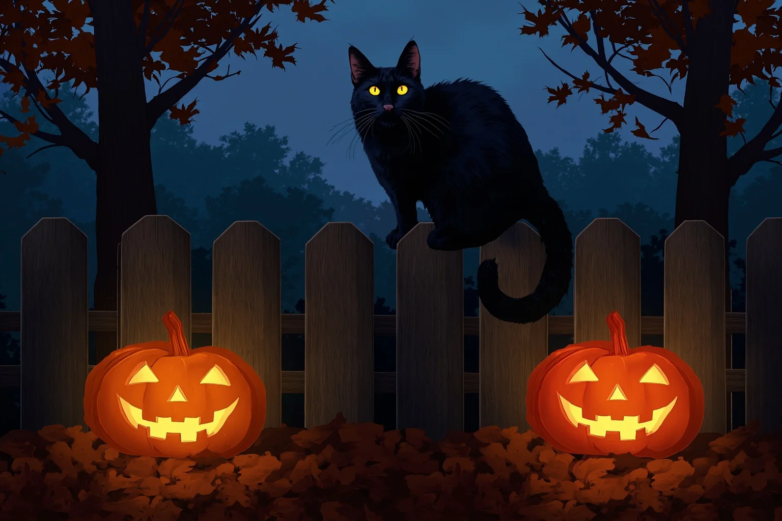 Black cat sitting on a wooden fence beside carved pumpkins at dusk, autumn leaves, atmospheric but not frightening, illustration, no text