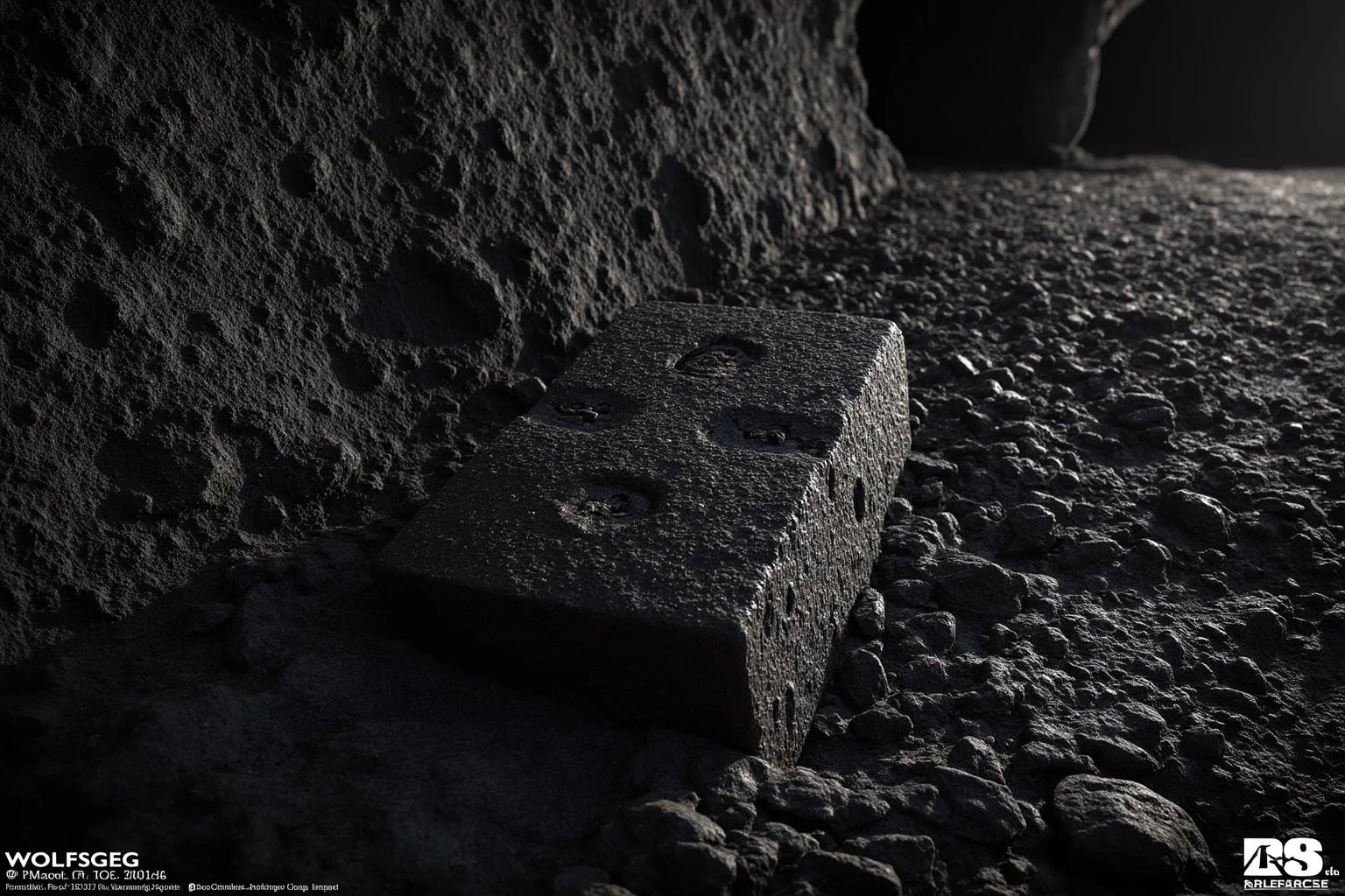 Block of cast iron embedded in coal seam, Wolfsegg, Austria, mining tunnel, photorealistic