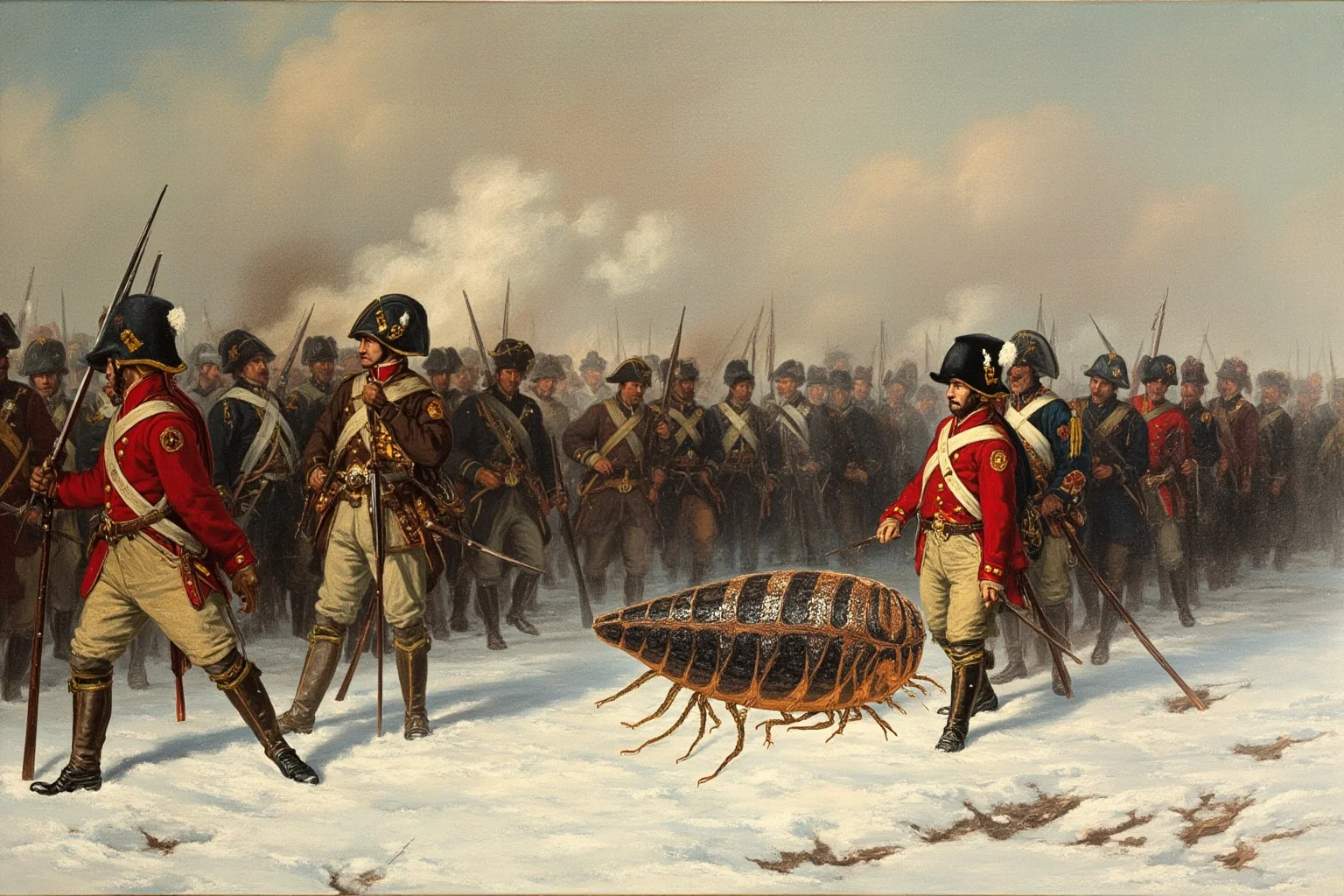 Body louse magnified beside a weary 1812 army marching through snow, dramatic painterly illustration