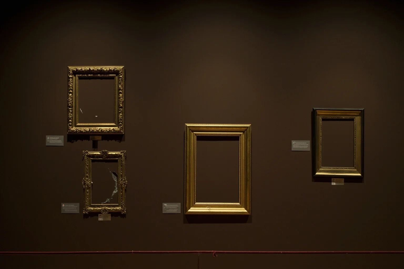 Boston museum gallery with ornate gold frames left empty and torn on a wall, velvet rope, dim security lighting, evocative and eerie mood.