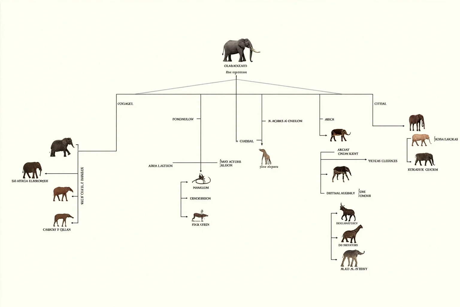 Branching family-tree diagram illustration showing the woolly mammoth lineage alongside Asian and African elephants, converging on a shared ancestor.