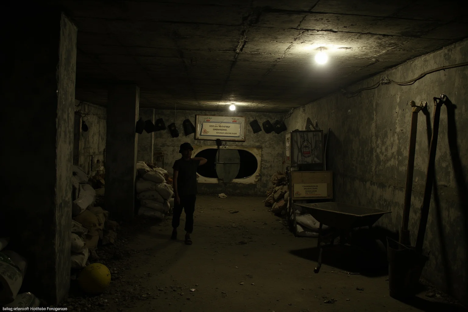 Brazilian bank branch basement with a crude tunnel opening in a concrete floor, shovels, wheelbarrow and sandbags, harsh work-lamp glow, humid atmosphere.