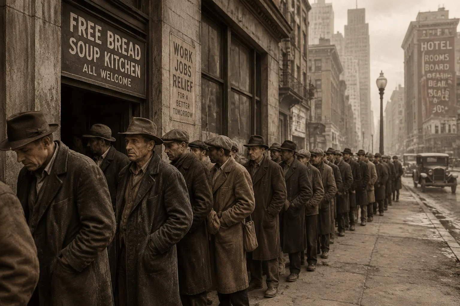 The Single Worst Time Period in Human History? What the Evidence Actually Shows 17 Breadline of unemployed workers in a Depression-era urban street, gray city buildings, dusty sepia palette.