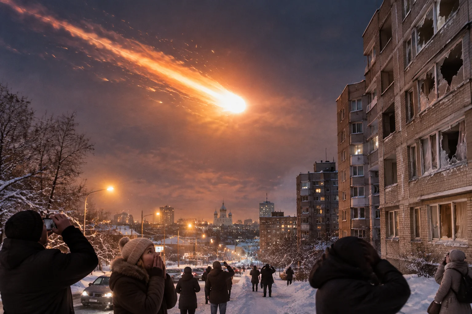 Bright meteor exploding over a snowy Russian city, shattered windows and startled onlookers below