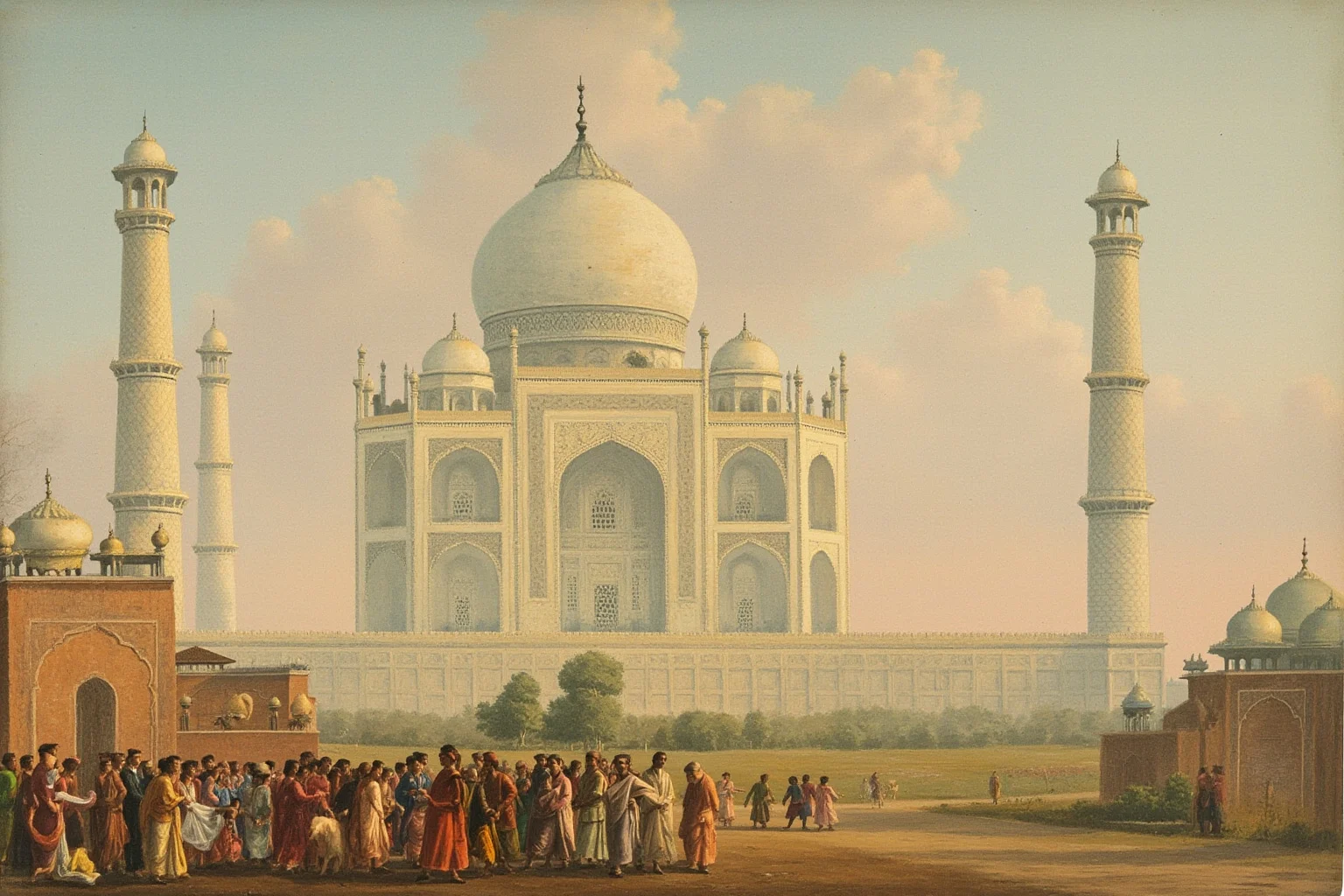 British colonial painting of the Taj Mahal with Indian figures, romanticized
