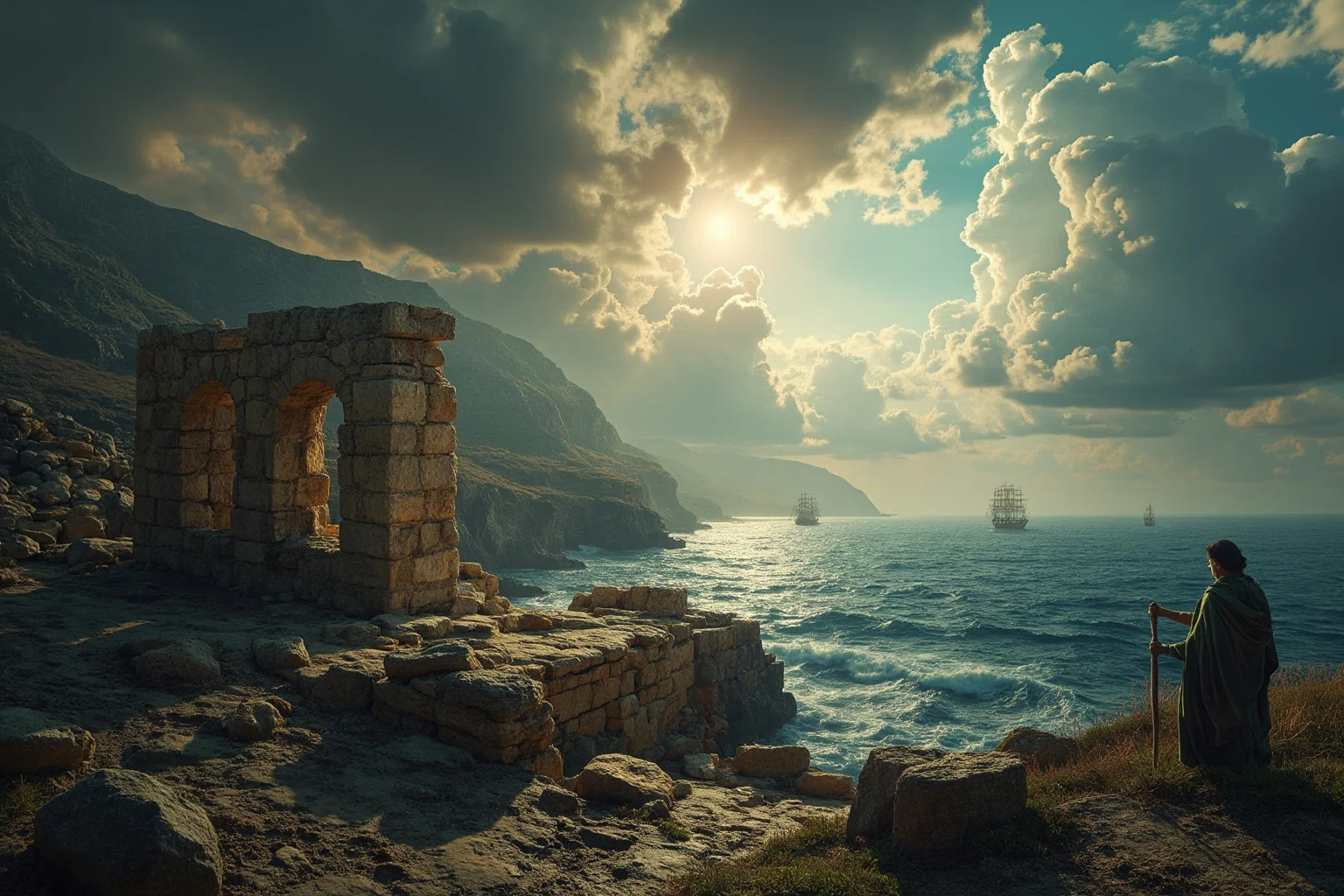 Bronze Age Mediterranean coastline with distant ships on the horizon and a crumbling stone citadel, dramatic clouds