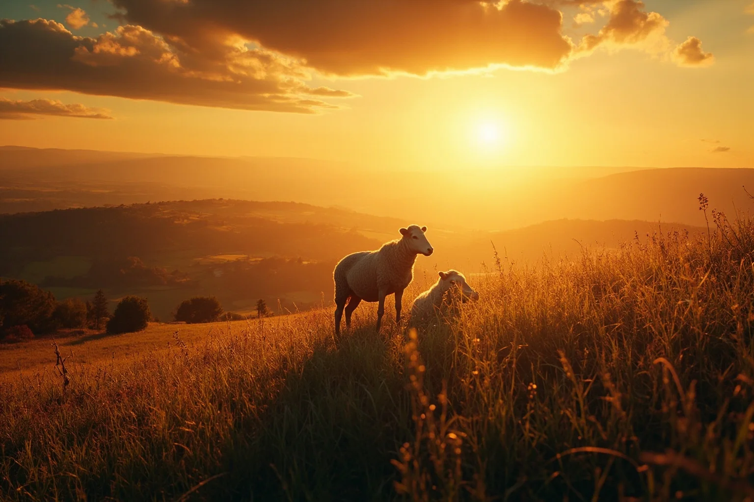 Bucolic Roman countryside with a shepherd and a glowing newborn light on the horizon, Virgilian golden age mood