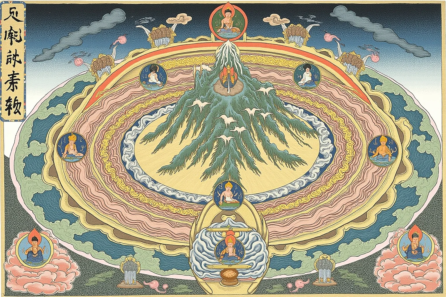 Buddhist Mount Sumeru cosmology, central mountain surrounded by rings of oceans and mountains, heavens and realms, traditional thangka-inspired illustration, no text.
