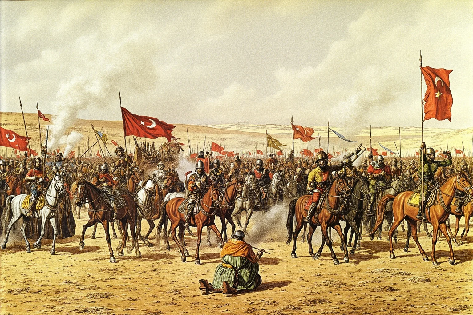 25 Epic Battles of History: The Greatest Clashes That Shaped Our World 16 Byzantine and Seljuk Turkish forces clashing on an Anatolian plain at the Battle of Manzikert, horses and banners, historical illustration