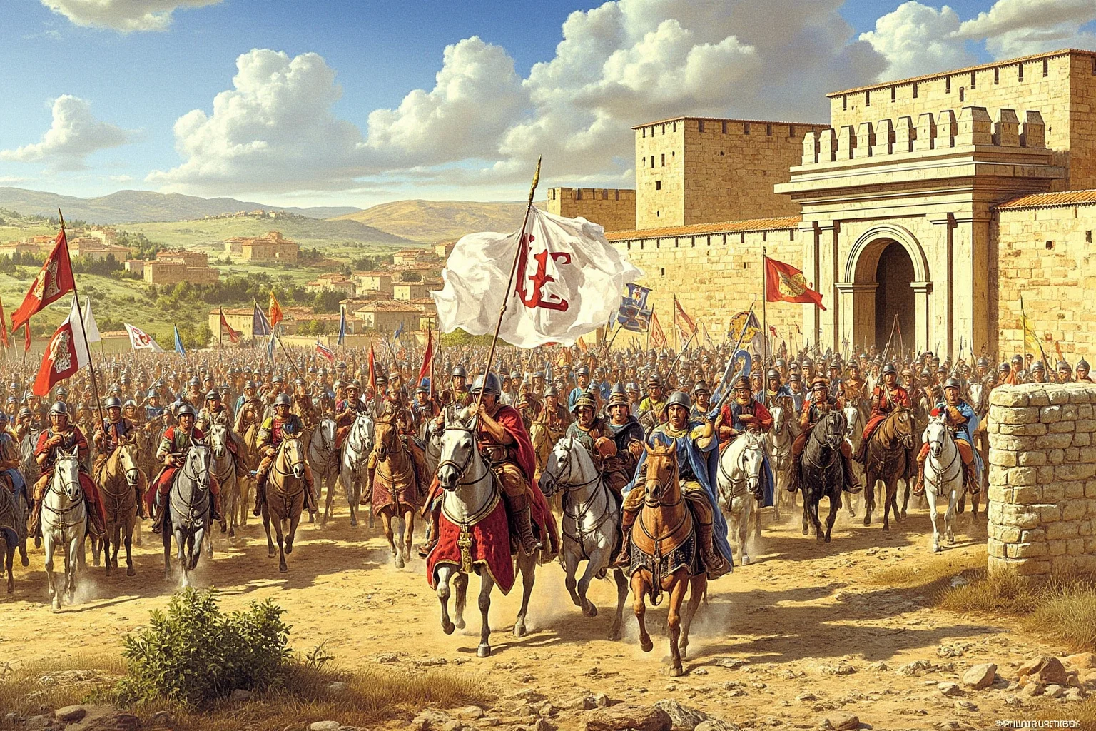 Byzantine cavalry with banners riding through a fortified town gate, Mediterranean landscape, historical illustration