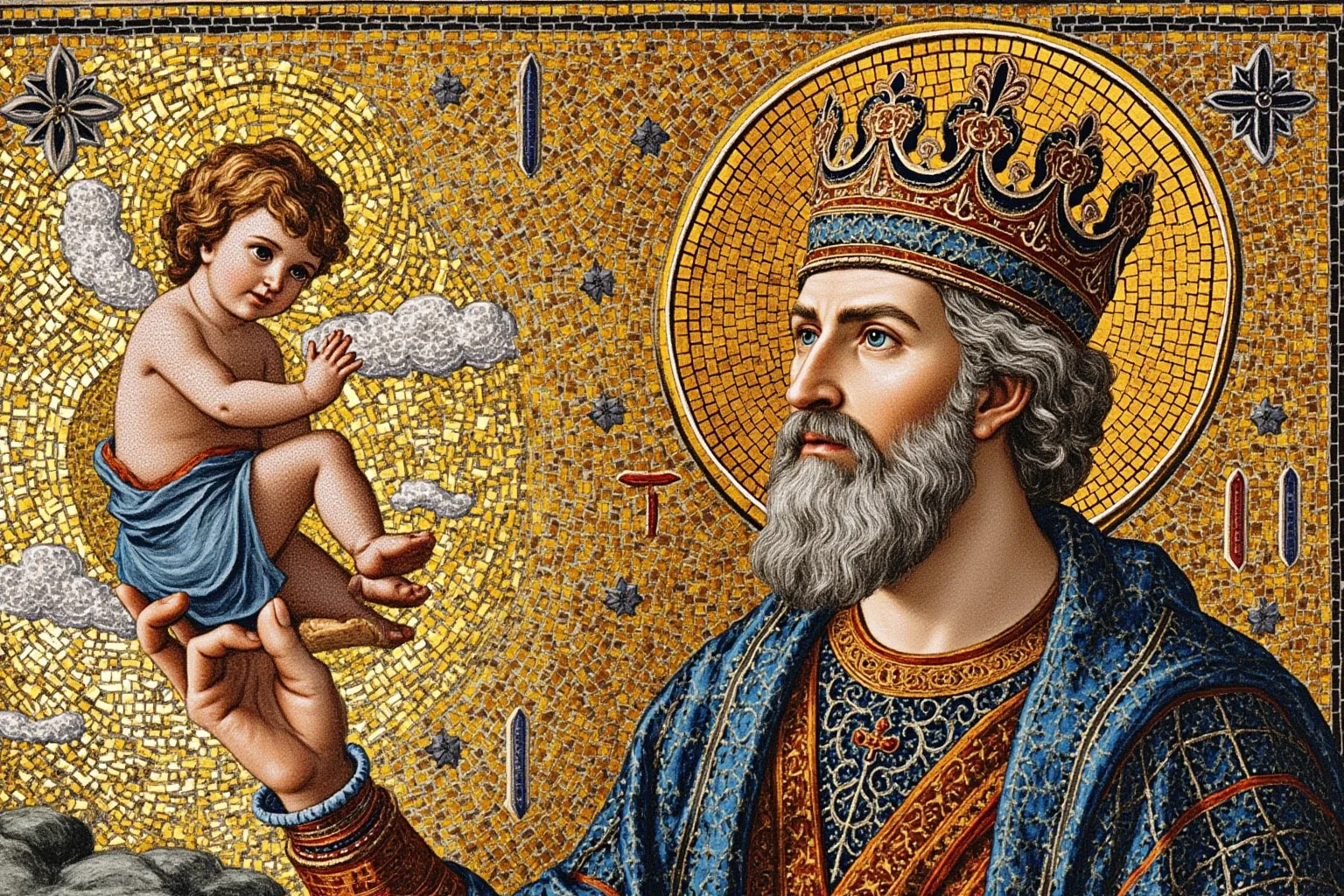 Byzantine emperor in a mosaic-style vision of a woman and child in the sky, gold and blue tesserae, medieval Christian art style